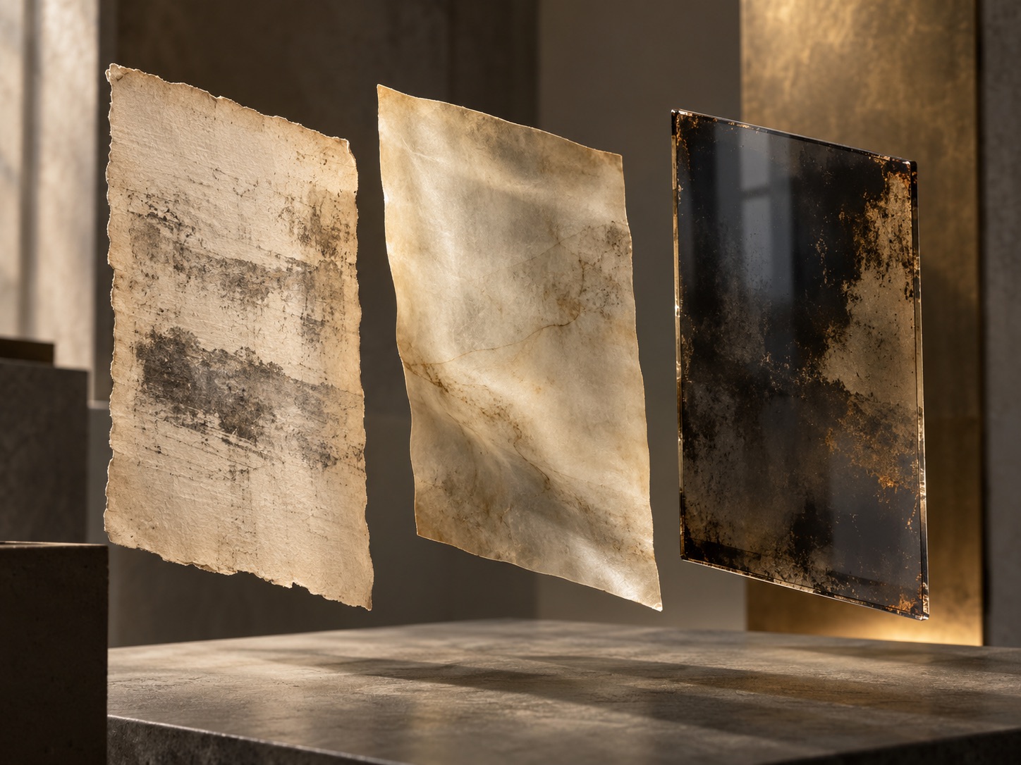 Abstrakte 3D-Visualisierung getrennter Materialschichten aus Papier, Transparentpapier und Glas